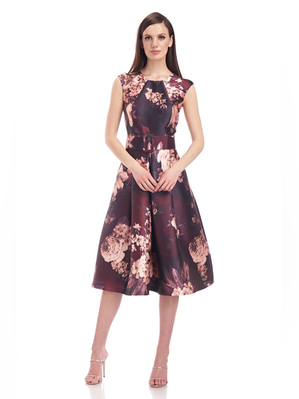 NWT Kay Unger Jessa Burgundy Floral Midi Dress Size 2 Wedding Guest w/ Pockets